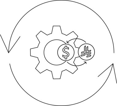 Dişli ve oklu döviz kurları mekanizması, mali süreçleri ve küresel işlemleri sembolize ediyor.