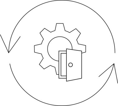 Dairesel bir okun içindeki bir dişli ve kapı, süreç otomasyonunu, iş akışı optimizasyonunu ve basitleştirilmiş çizgi sanat tarzında sürekli gelişmeyi temsil eder..
