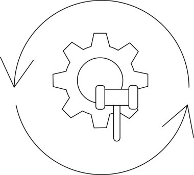 Dairesel oklarla çevrili bir vites ve çekiç simgesi. Onarım, bakım ya da sürekli gelişim sürecini sembolize ediyor..