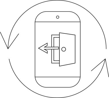 Veri ihracatı veya göç gösteren basit bir çizgi resim simgesi, açık bir kapıdan dışarı bakan oklu bir telefon içeriyor.