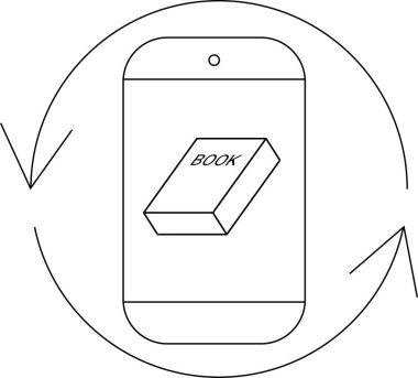 Dairesel oklarla çevrili, dijital kitap değişimi veya okuma uygulamalarını temsil eden bir kitabın minimalist bir çizimi.