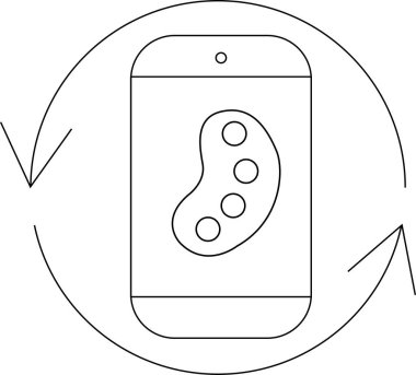 Dairesel yenilenme simgesi, uygulama tasarımı ve güncellemeleri sembolize eden, bir renk paletini gösteren bir cep telefonunun minimalist çizgisi çizimi.