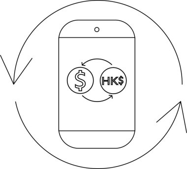 Bir döviz döviz sembolünü gösteren basit bir cep telefonu çizimi. Yuvarlak bir okla çevrili Amerikan dolarlarını Hong Kong dolarlarına çeviriyor..