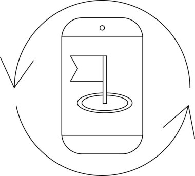 Akıllı telefon, yenilenmeyi gösteren dairesel oklarla çevrili gezici bir golf uygulamasına ilişkin güncellemeleri veya özellikleri sembolize eden bir golf bayrağı simgesi gösterir.