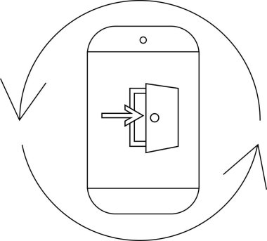 Dairesel okla çevrili, giriş veya erişimi sembolize eden, kapıya ok atan bir cep telefonu simgesi.