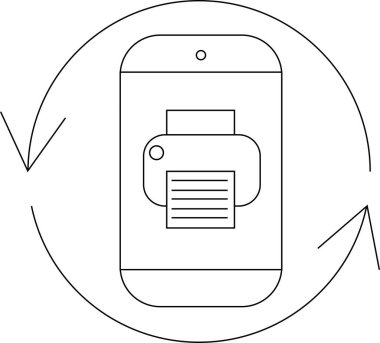 Mobil yazdırmayı tasvir eden minimalist bir simge, içinde bir yazıcı sembolü bulunan, dairesel oklarla çevrili, senkronizasyon veya veri transferini gösteren bir akıllı telefon.