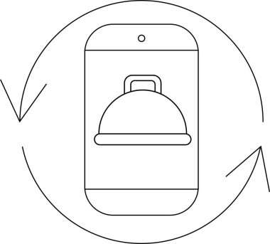 Ekranında yemek saati olan, çevrimiçi yemek siparişini ve teslimatını temsil eden yuvarlak oklarla çevrili bir cep telefonunun basit bir çizgisi çizimi..