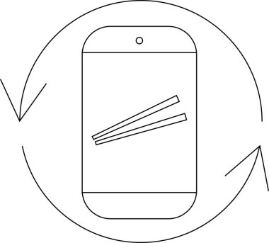 Ekranda yemek çubukları olan, çevrimiçi yemek siparişini temsil eden, dönen oklarla çevrili bir akıllı telefonun basit bir çizgi resim simgesi.