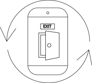 Bir çıkış işareti ve açık bir kapı gösteren akıllı telefon, dönen oklarla çevrili, bir çıkış stratejisini ya da yön değiştirmeyi simgeliyor.
