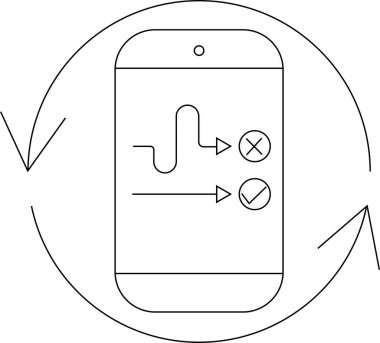Akıllı telefon dairesel oklarla çevrili bir kontrol ve X sembolü gösterir, bu işlem veya karar verme sürecini önerir.