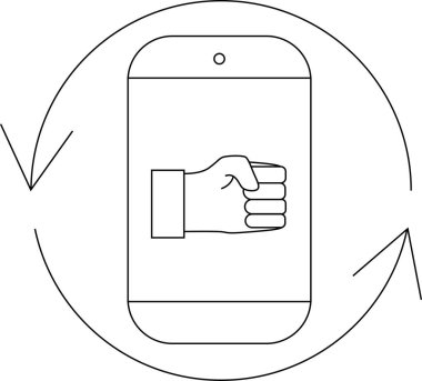 Akıllı telefon, modern bir tasarımda mobil oyun ya da uygulama etkileşimini temsil eden dairesel oklarla çevrili bir yumruk hareketi gösterir..