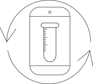 Akıllı telefon, dairesel oklarla çevrili bir test tüpü simgesini, analizi ve bilimde teknolojik ilerlemeyi sembolize eder..