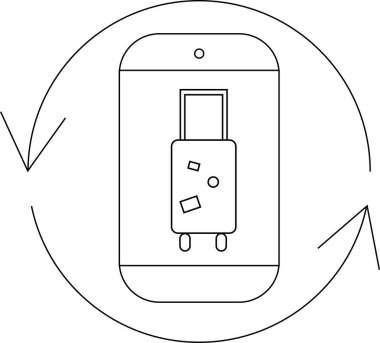Dolambaçlı oklarla çevrili, seyahat uygulamasının işlevselliğini sembolize eden bir bavulu gösteren bir akıllı telefon simgesi.
