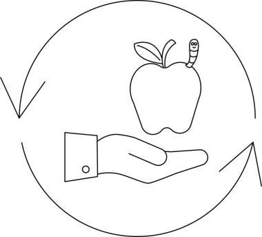 Verme ve alma döngüsünü sembolize eden, el ve dairesel oklarla temsil edilen, solucan değiş tokuşlu bir elma tasviri.