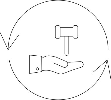 Açık artırma sürecini tasvir eden minimalist bir simge, dairesel bir ok içinde tokmağı temsil eden bir el, takası ve teklifi sembolize eden.