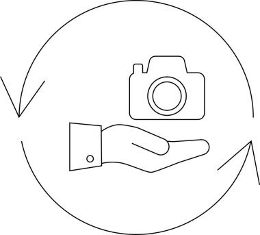 Açık bir elin üstündeki kamerayı tasvir eden minimalist bir illüstrasyon, oklarla çevrili, fotoğrafçılık hizmetlerini, değiş tokuşu ya da kamerayla ilgili işlemleri temiz ve modern bir dizaynla sembolize ediyor..