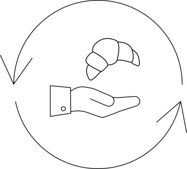 Okların dairesel akışı içinde kruvasan sunan bir eli tasvir eden minimalist bir sanat çizgisi takası veya bisikleti sembolize ediyor..