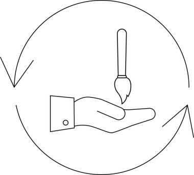 Basit bir çizgi sanat ikonu, yaratıcı süreci sembolize eden dairesel bir okun içinde fırça tutan bir eli tasvir ediyor..