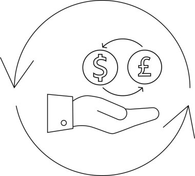 Amerikan doları ile İngiliz sterlini arasındaki döviz alışverişini gösteren bir çizgi çizimi, mali işlemleri ve küresel ekonomiyi sembolize ediyor..
