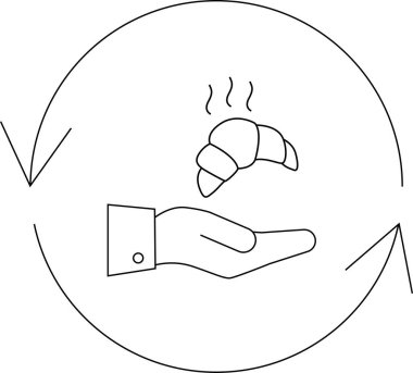 Bir el sıcak bir kruvasan sunuyor, buhar yükseliyor, dairesel bir değişim sembolü içinde, bir alış-veriş döngüsünü temsil ediyor..