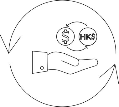 Döviz kurunu tasvir eden bir çizgi sanat ikonu, özellikle Amerikan dolarlarını Hong Kong dolarlarına çeviriyor, bir el değiş tokuş teklif ediyor..