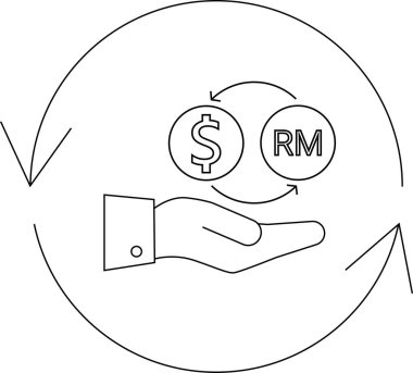 Döviz kurunu resmeden bir çizgi çizimi, özellikle Amerikan doları ve Malezya Ringgit arasındaki dönüşüm, finansal işlemleri sembolize ediyor..
