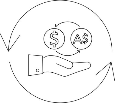 Çemberde el ve dolar sembolleri olan para değişimi simgesi, mali işlemleri ve küresel ekonomiyi temsil ediyor.