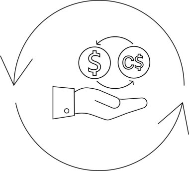 Dairesel bir okla çevrili, ABD ve Kanada doları değiş tokuşu yapan bir döviz simgesi..