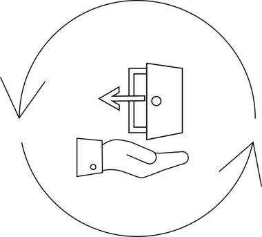 Bir çıkış stratejisi tasvir eden minimalist bir simge, içinde ok olan bir kapı sunan bir el, hepsi dairesel bir okun içinde..