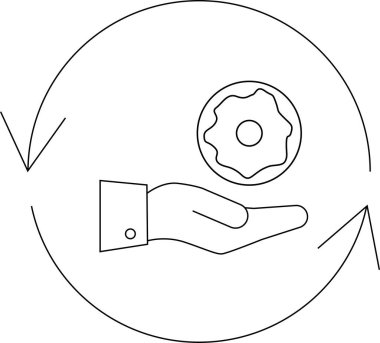 Bir el dairesel ok içinde bir çörek sunar, basit bir sanat tarzında takas ya da sunumu sembolize eder..