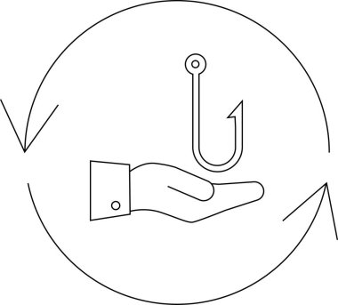 Bir balık oltasını gösteren minimalist bir çizgi çizgisi çizimi dairesel bir okun içine iliştirilmiş, bir alış-veriş döngüsünü sembolize ediyor..