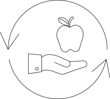 Bir el, bir elmayı dairesel bir takas içinde sunar, sağlık, beslenme ve verme ve alma döngüsünü sembolize eder..