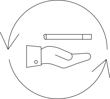 Dairesel bir ok sembolü içinde sigara sunan bir eli resmeden minimalist bir çizgi çizimi, bir döngü veya takas öneriyor..