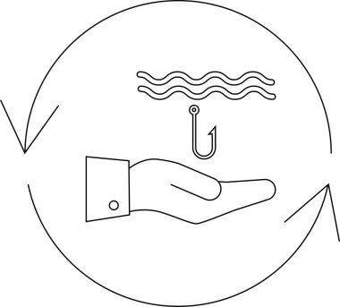 Dalgalı çizgilerin altında bir olta kancası sunan bir el. Hepsi dairesel bir çerçeveye sarılı. Oklar da döngü sürecini gösteriyor..