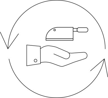 Bir el, bir et satırı sunuyor, takas ya da alım satımı gösteren oklarla çevrili, minimalist bir sanat tarzında..
