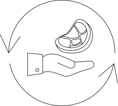 Dairesel geri dönüşüm sembolü içinde bir dilim et sunan bir el, sürdürülebilir et tüketimi veya etik kaynaklı.