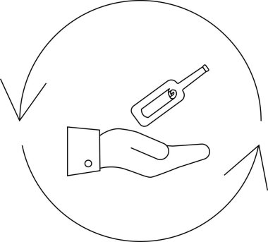 Dairesel bir ok içinde termometre sunan bir el, sağlık alışverişini, tıbbi bakımı veya tedavi ve iyileşme döngüsünü sembolize eder..