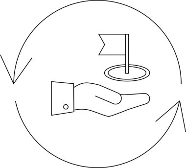 Oklarla çevrelenmiş, başarıyı ve döngüsel süreçleri sembolize eden, hedefin üzerinde bayrak gösteren bir el tasvir eden minimalist çizgi sanat ikonu..