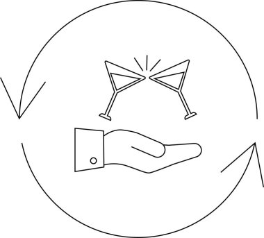 Yuvarlak bir okla çevrili iki kadeh sunan basit bir ikon, bir konukseverlik döngüsü ya da kutlama döngüsü öneriyor..