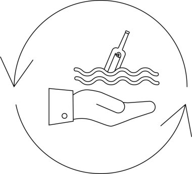 Denizde bir şişe bir el tarafından geri dönüştürülüyor. Resimler siyah-beyaz..