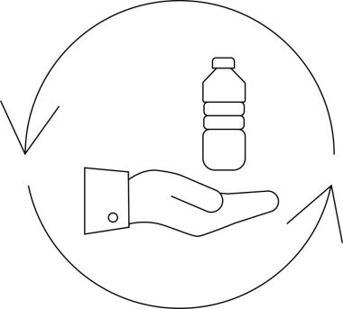 Geri dönüşümü resmeden basit bir çizgi sanat simgesi, geri dönüşüm sürecini gösteren dairesel oklarla plastik bir şişeyi tutan bir el..