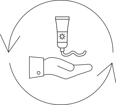 Güneş kremi uygulamasını tasvir eden, dairesel çerçeveli oklarla cilt ve cilt bakımını vurgulayan bir minimalist çizgi sanat simgesi.