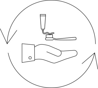 Diş fırçasına uygulanan diş macununu tasvir eden, diş hijyenini sembolize eden ve günlük diş fırçalama rutinini simgeleyen bir minimalist çizgi sanat ikonu..
