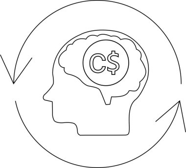 Beyin içinde Kanada doları sembolü olan bir insan kafasını gösteren kavramsal bir çizim, dairesel bir okla çevrelenmiş, finansal zihniyeti temsil ediyor..