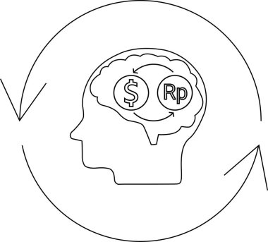 Illustration of currency exchange concept with brain, dollar, rupiah, and arrows. Represents financial thinking, global economics, and investment strategies.