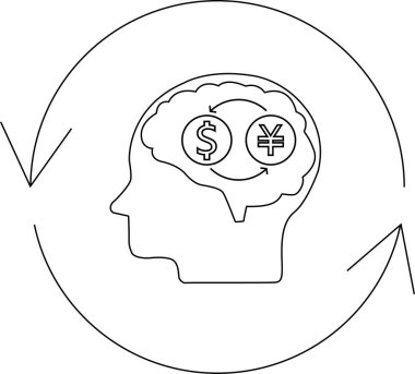 Dolar ve yen para birimleri arasındaki değişimi gösteren, mali düşünmeyi ve küresel ekonomiyi sembolize eden beyni olan bir kafa tasviri.