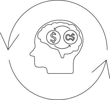 A conceptual illustration representing the mental process of currency exchange, featuring a head silhouette with currency symbols and a circular arrow, symbolizing financial thinking.