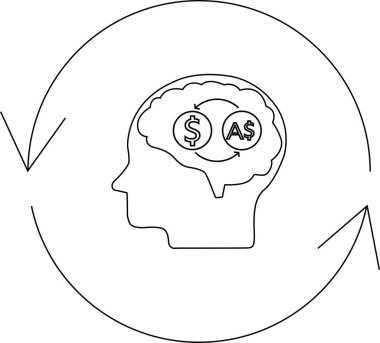 Illustration depicting a persons head with currency symbols inside, representing the mental process of converting US dollars to Australian dollars.