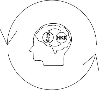 Conceptual illustration depicting the mental process of currency exchange, specifically converting US dollars to Hong Kong dollars, within a human brain.
