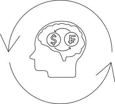 Conceptual illustration of currency exchange, featuring a brain with dollar and franc symbols, representing financial thought processes and global economics.